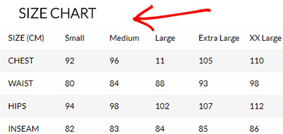 Cycling clothes size chart