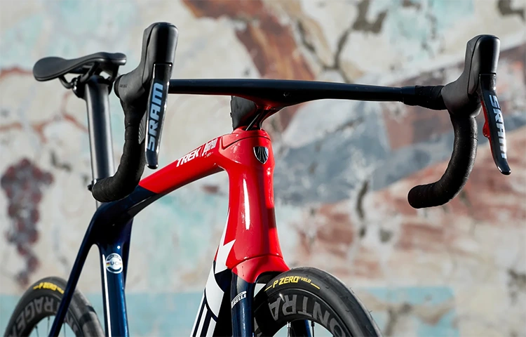 a closeup of a red trek bike