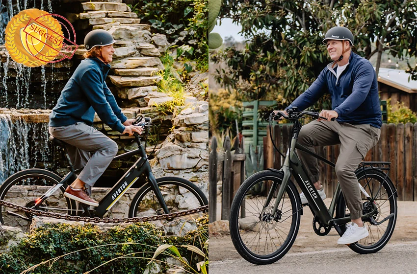a collage of two lifestyle images of Aventon Pace 500.3 cruiser electric bike