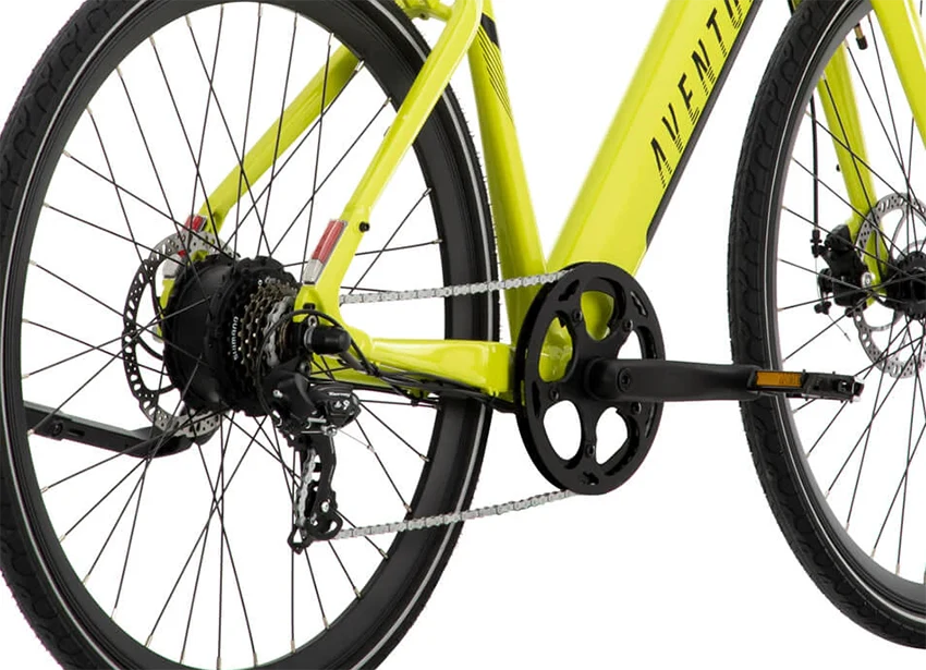 a closeup of aventon soltera's hub motor