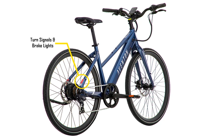 rear view of blue aventon soltera step-through ebike