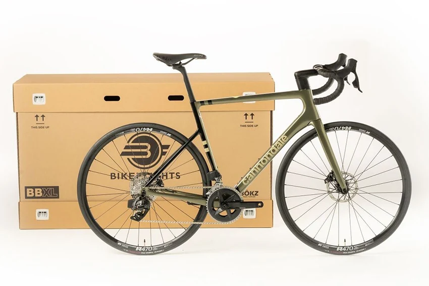 bikeflights bike box with a cannondale road bike for scale