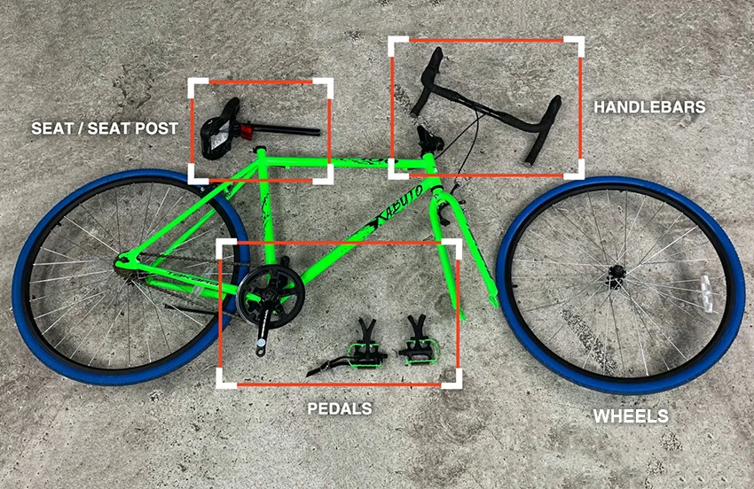 illustration showing how to prepare a bike for packing inside a bike box