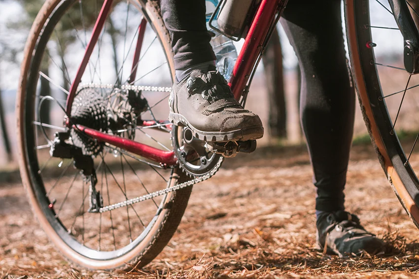 closeup of gravel bike shoes